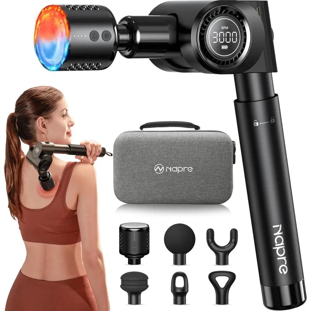 Heat and cold massage pad, deep tissue percussion back massager or muscle/k/body pain relief with long retractable extension