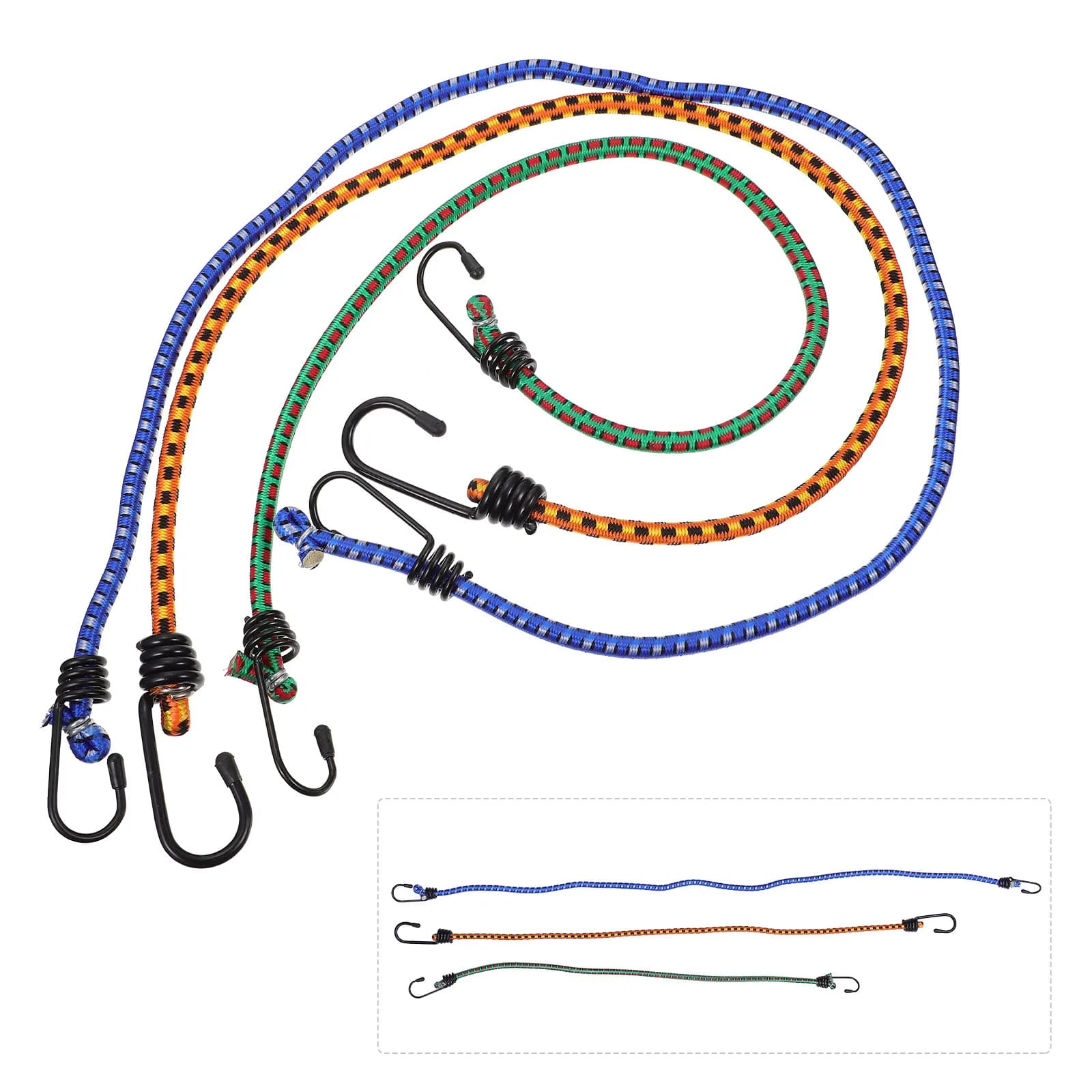 Set di 3 Cinghie Elastiche per Fissaggio Carichi, Corda in Gomma con Ganci in Acciaio per Moto, Auto e Bagagli