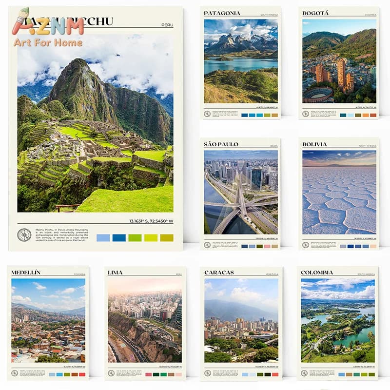 AZNM Frameless Canvas Poster South America City Travel Print, Machu Picchu Vintage Landscape Geography Tourism Wall Art Picture
