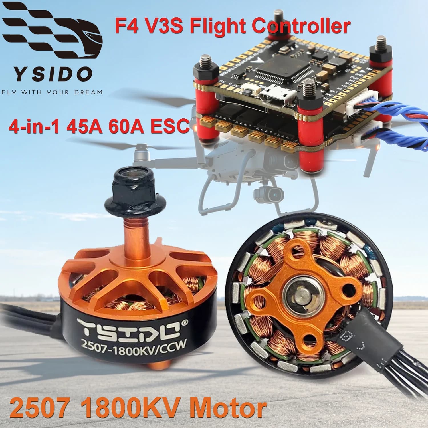 YSIDO F4 V3S Flight Controller Stack con Motore 2507 1800KV e Combo ESC 4-in-1 45A 60A per Drone FPV RC da 5 pollici Multirotore Quadricottero