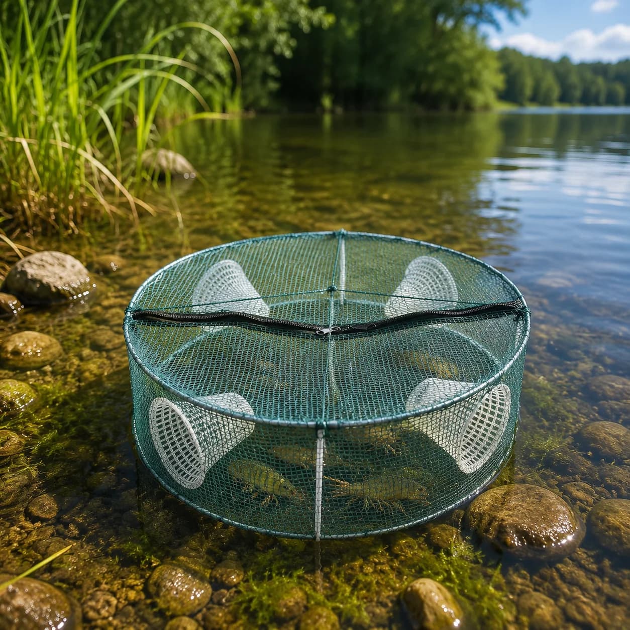 River Fishing Trap Net Foldable Shrimp Eel Loach Catching Cage Nylon Mesh Fish Trap for Ponds Reservoirs Outdoor Camping Gear