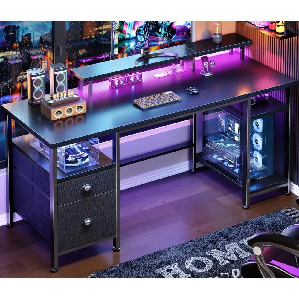 51 Gaming Desk with Power Outlets amp LED Lights, Reversible Computer Desk with File Cabinet amp Monitor Stand for Home Office,