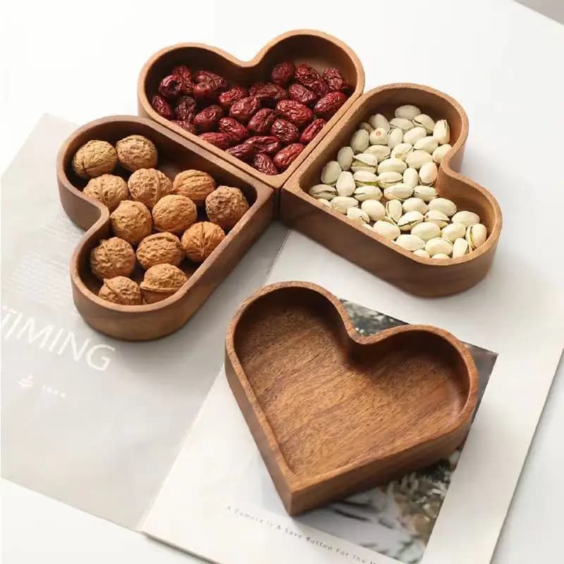Vassoio in Legno a Forma di Cuore per Frutta Secca, Piatti per Dessert, Vassoi Impilabili per Caramelle, Set Decorativo Creativo di Vassoi in Legno Massiccio
