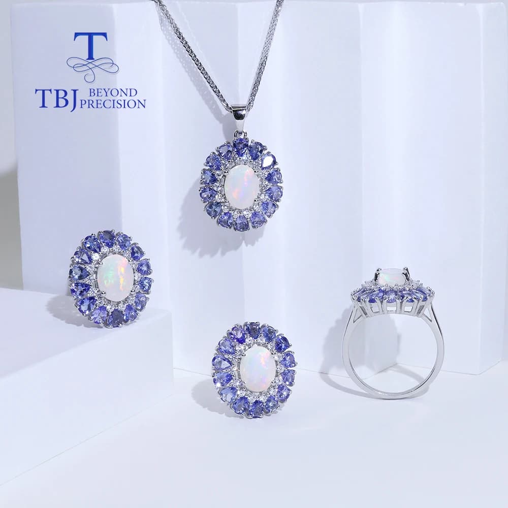 2026, Natural Opal Natural Tanzanite Ring Earrings Necklace Jewelry Set 925 Silver Women's Anniversary Engagement fine jewelry