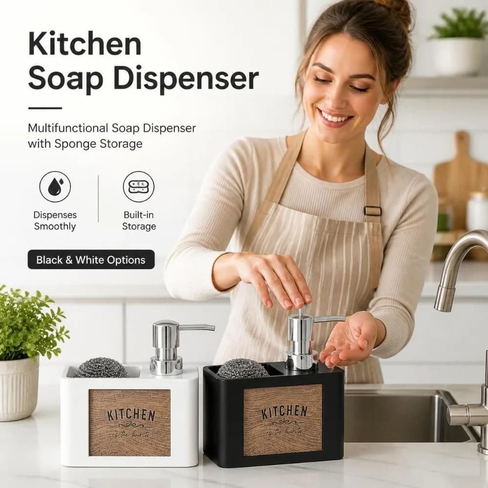 Press Type Kitchen Soap Dispenser Refillable with Sponge Holder Manual Soap Pump Wood Grain Liquid Soap Container Kitchen Sink