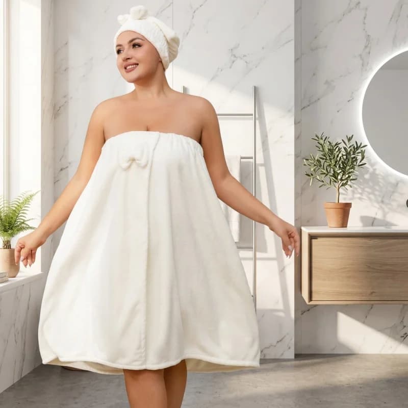 White Women Strapless Bathrobe Towel Set Adjustable Large Size Soft Absorbent Bath Towel+Hair Cap For Spa Beach Shower Home