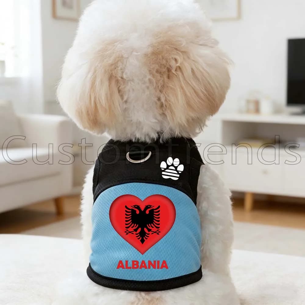 Pettorina in rete per cani e gatti con bandiera a cuore dell'Albania, abbigliamento per cuccioli e gattini, gilet estivo per cani con anello a D per guinzaglio