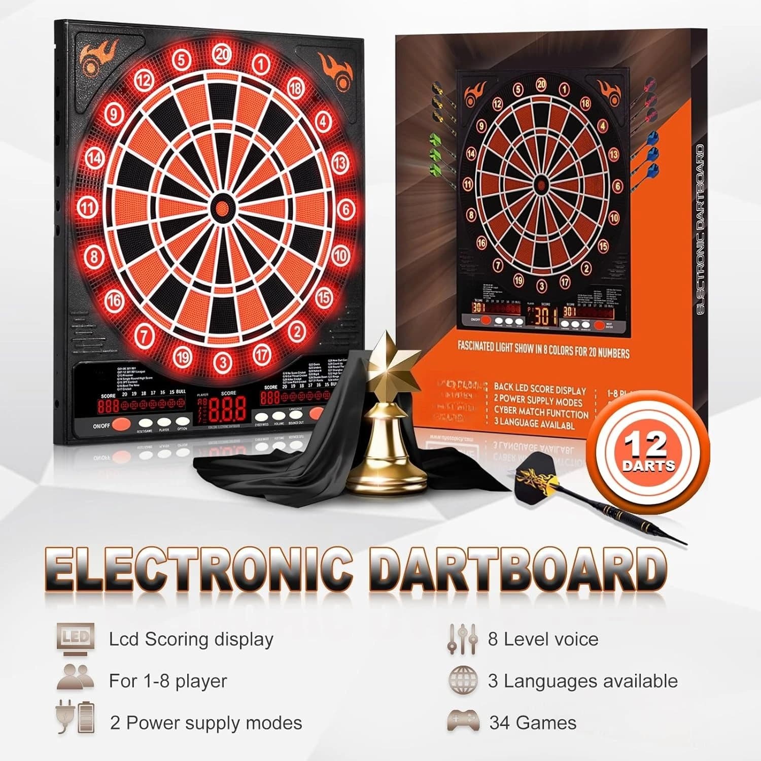 Bersaglio elettronico, freccette elettriche per adulti, tabellone segnapunti elettronico, display a LED illuminato, punta morbida per 12 freccette