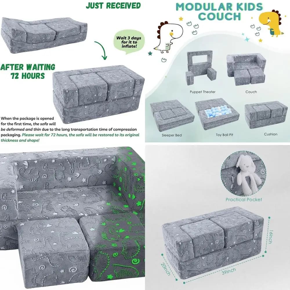 Children's sofa set in grey dinosaur light foam with washable lining, sofa bed and modular bed