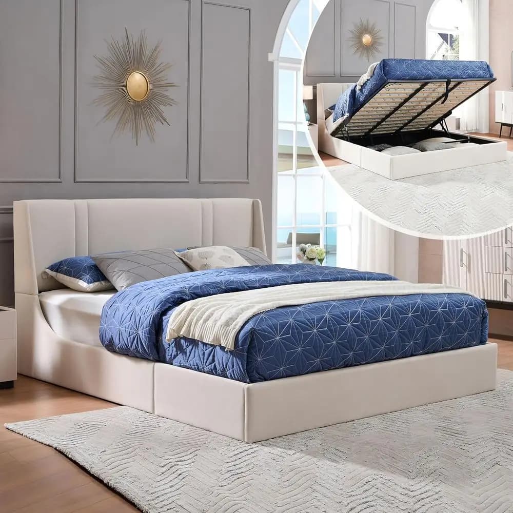 Letto King Size con Contenitore e Piattaforma Idraulica, Testiera Wingback da 41,7 Pollici, Senza Rete a Doghe, Bianco