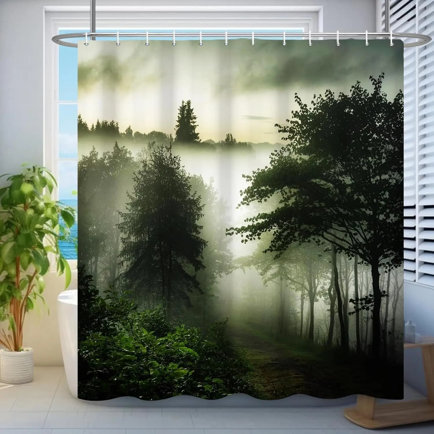 Misty Forest Shower Curtain Nature Tree Shower Curtains Rustic Woodland Watercolor Pine Tree Landscape Bath Curtain with Hooks