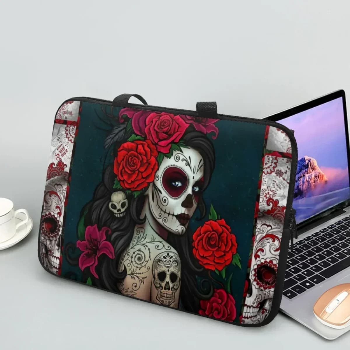 Borsa per Laptop 10 12 13 15 17 Pollici, Custodia per Notebook, Cover Personalizzata, Accessori con Design Gotico Ragazza e Rosa, Borsa per PC, Regalo di Halloween