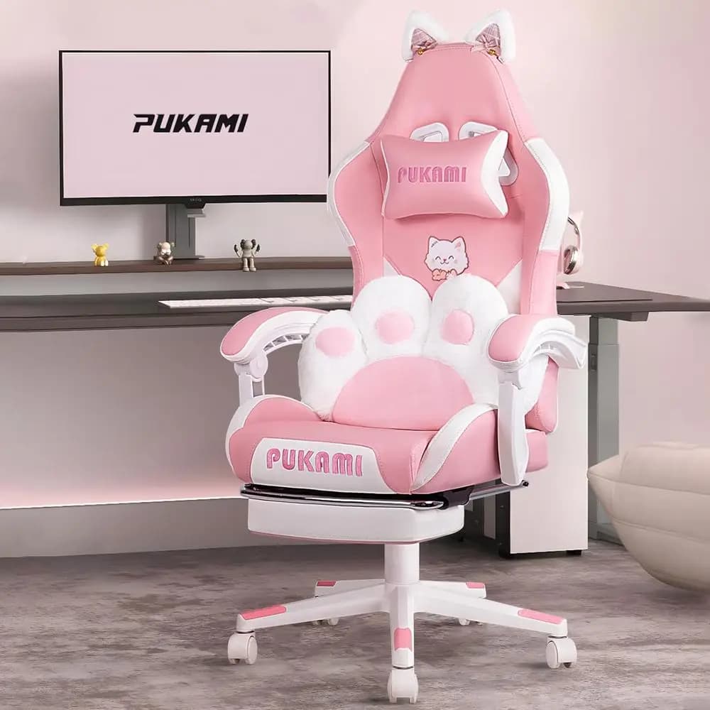 Adorabile Sedia da Gaming Rosa con Orecchie e Cuscino a Forma di Zampa di Gatto, Poltrona Ergonomica Reclinabile per un Comfort Ottimale durante il Gioco