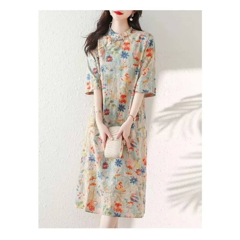 Gonna camicia a maniche corte stampata a cartoni animati alla moda per donna in abito ampio estivo