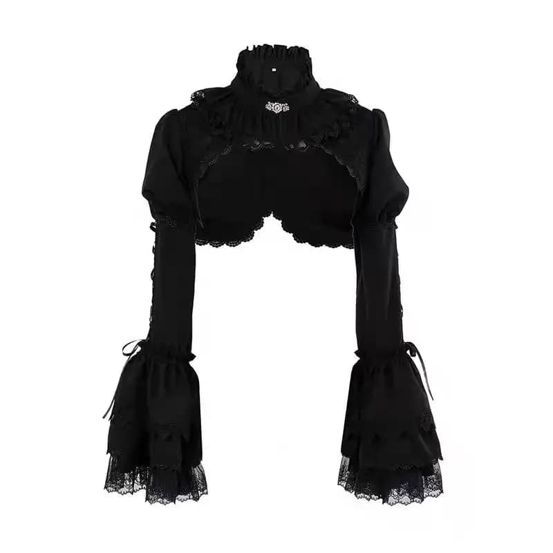 Camicette cardigan Lolita gotico giapponese Y2k Camicette da donna con maniche a sbuffo larghe Patchwork in pizzo Camicie corte nere Mantelle punk Harajuku Top