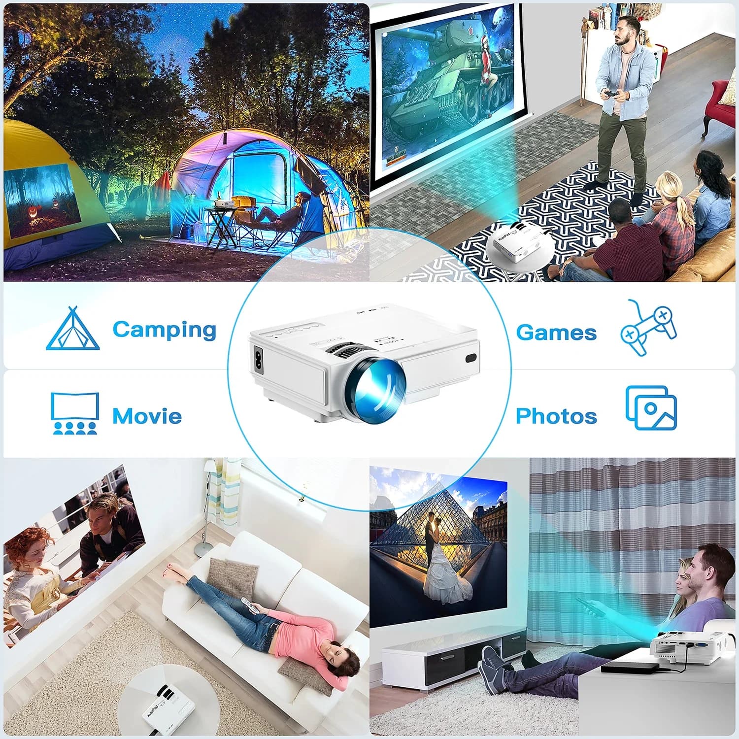 Proiettore, Mini Proiettore, Proiettore Video Full HD 1080P per Home Theater, Compatibile con Smartphone/TV Box/Laptop