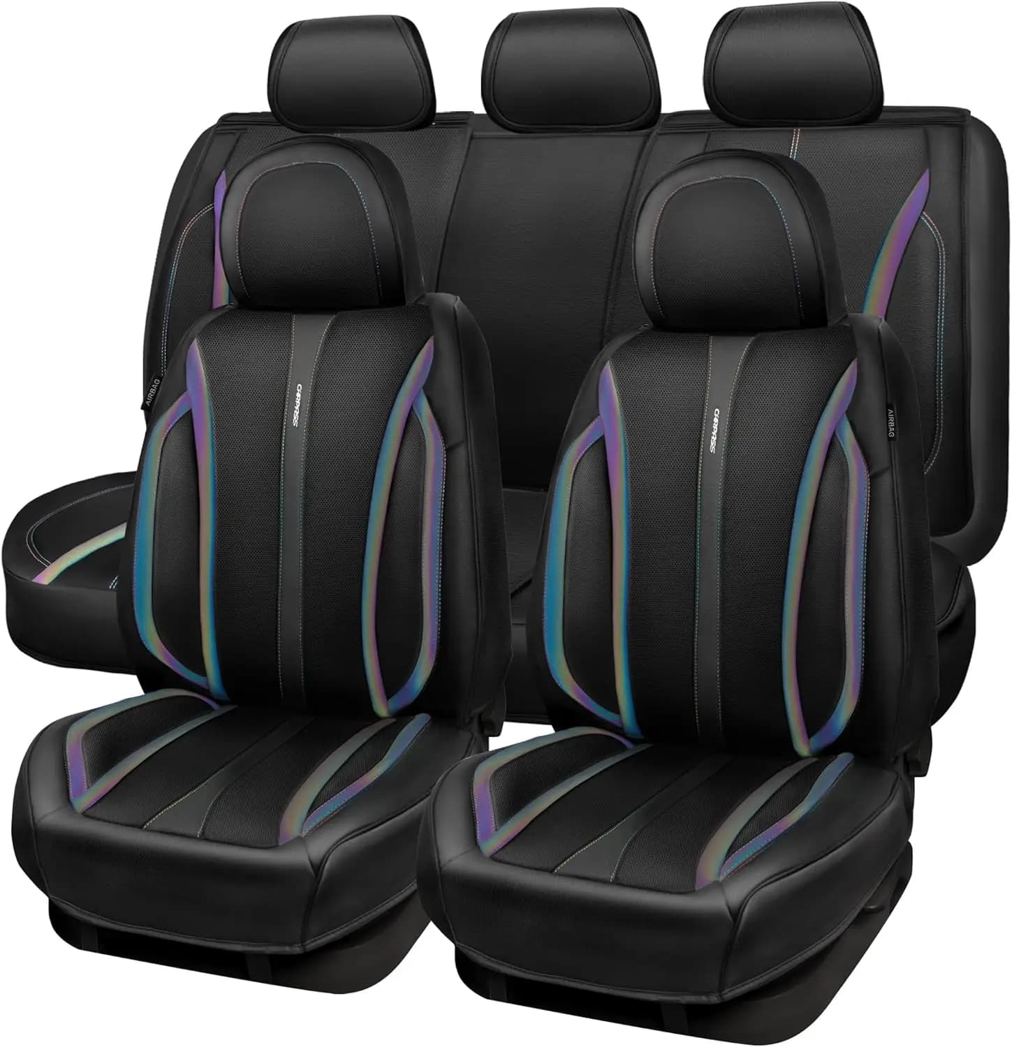Coprisedili Universali in Pelle Nappa, Impermeabili, Resistenti, Antiscivolo, Set Completo per SUV, Camion, Berlina 5 Posti, Neri Riflettenti
