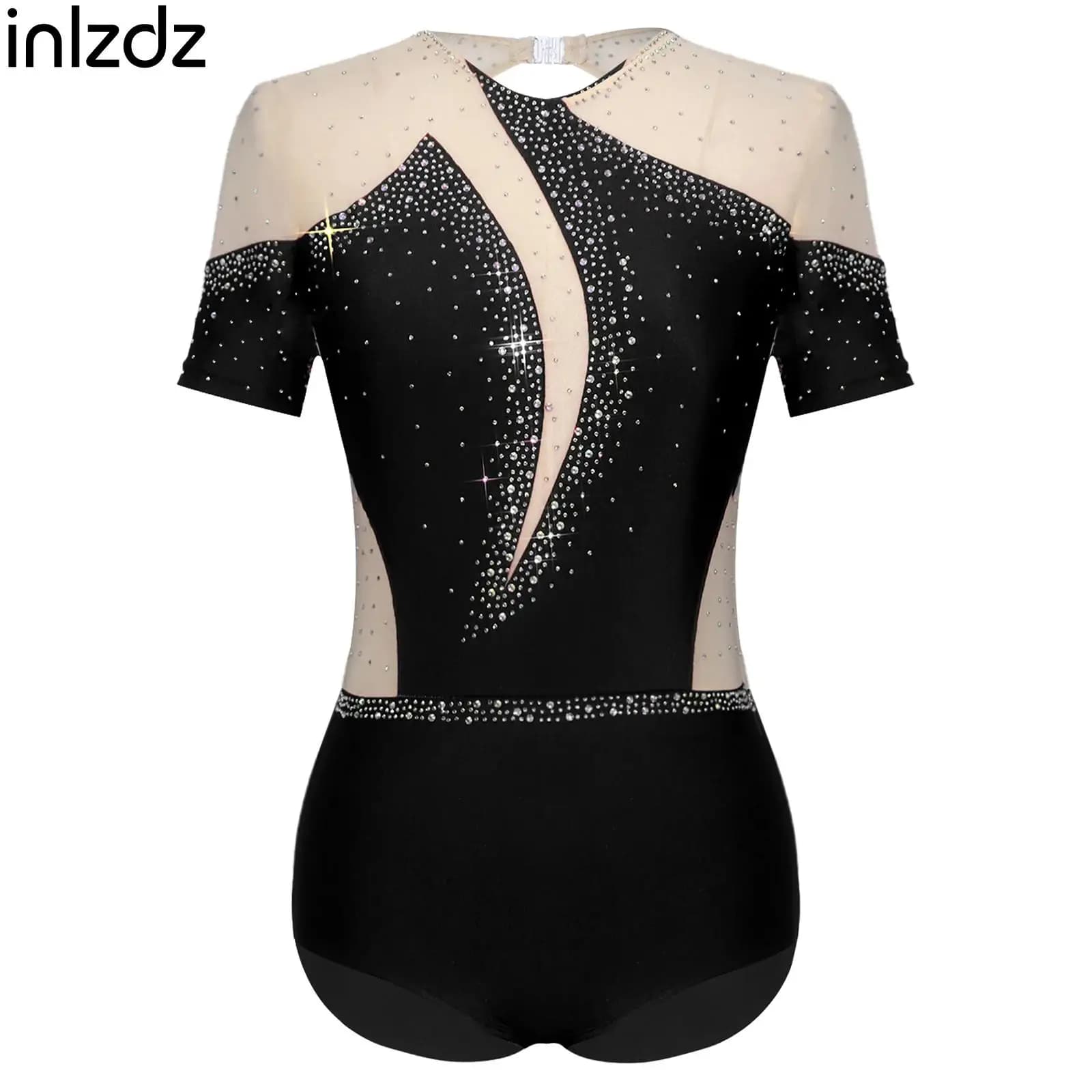 Body da balletto per donna Body da ginnastica con strass Body da pattinaggio su ghiaccio a maniche corte per feste di performance sul palco