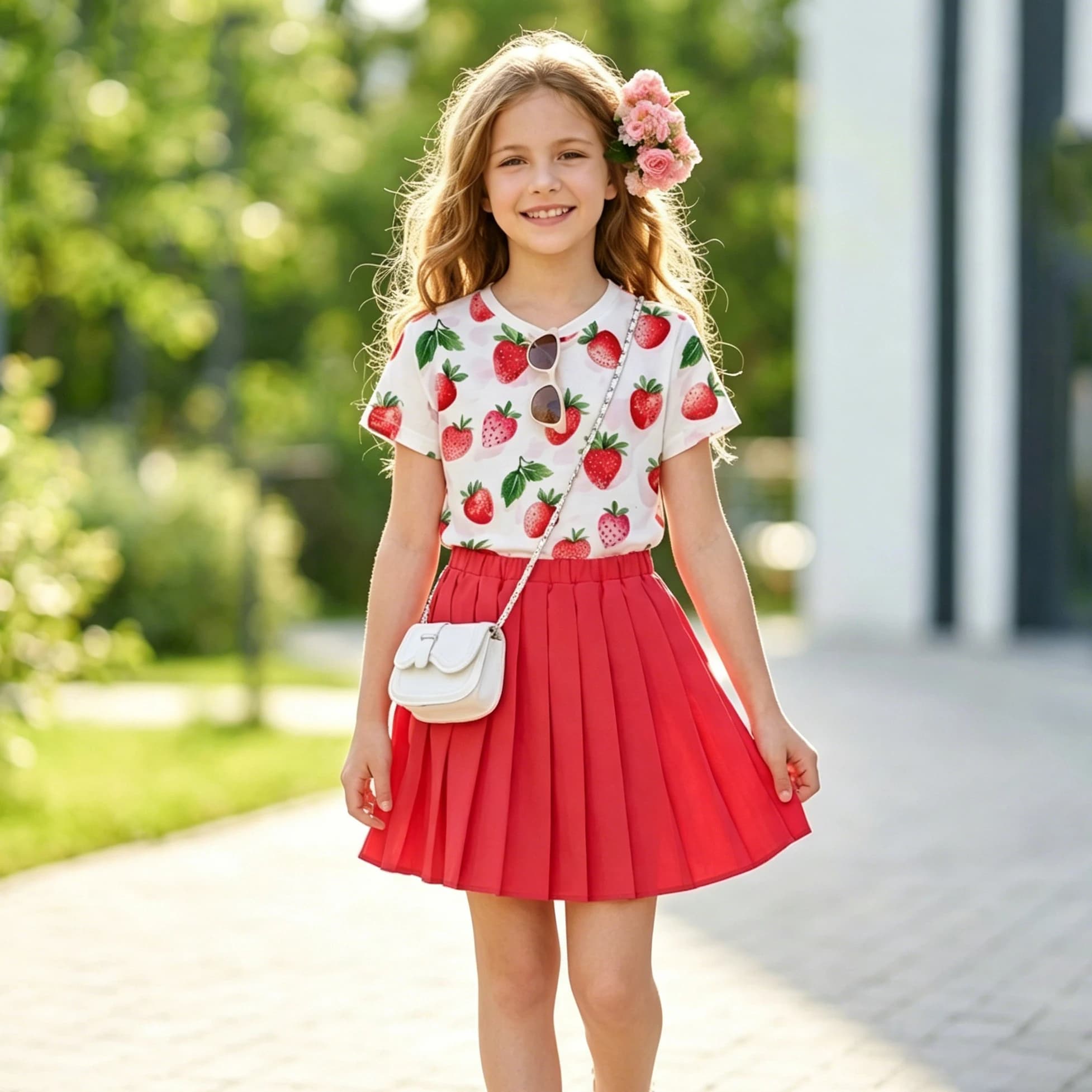 Completo estivo da bambina 7-14 anni, girocollo, stampa fragole, maniche corte, gonna a pieghe rossa, 2 pezzi, per tutti i giorni, casual, carino