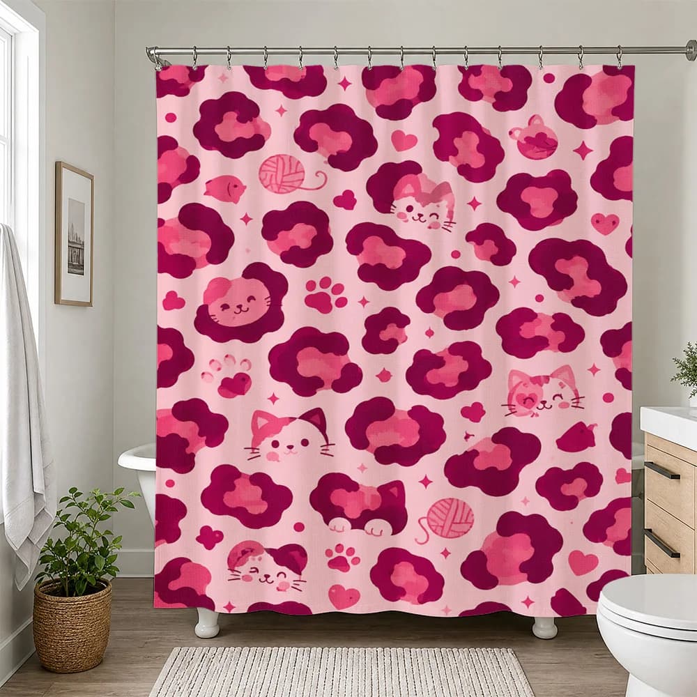 Cute Kawaii Cartoon Cat Paw Print Shower Curtain Pink Red Bathroom Decor Novelty Shower Curtain Liner