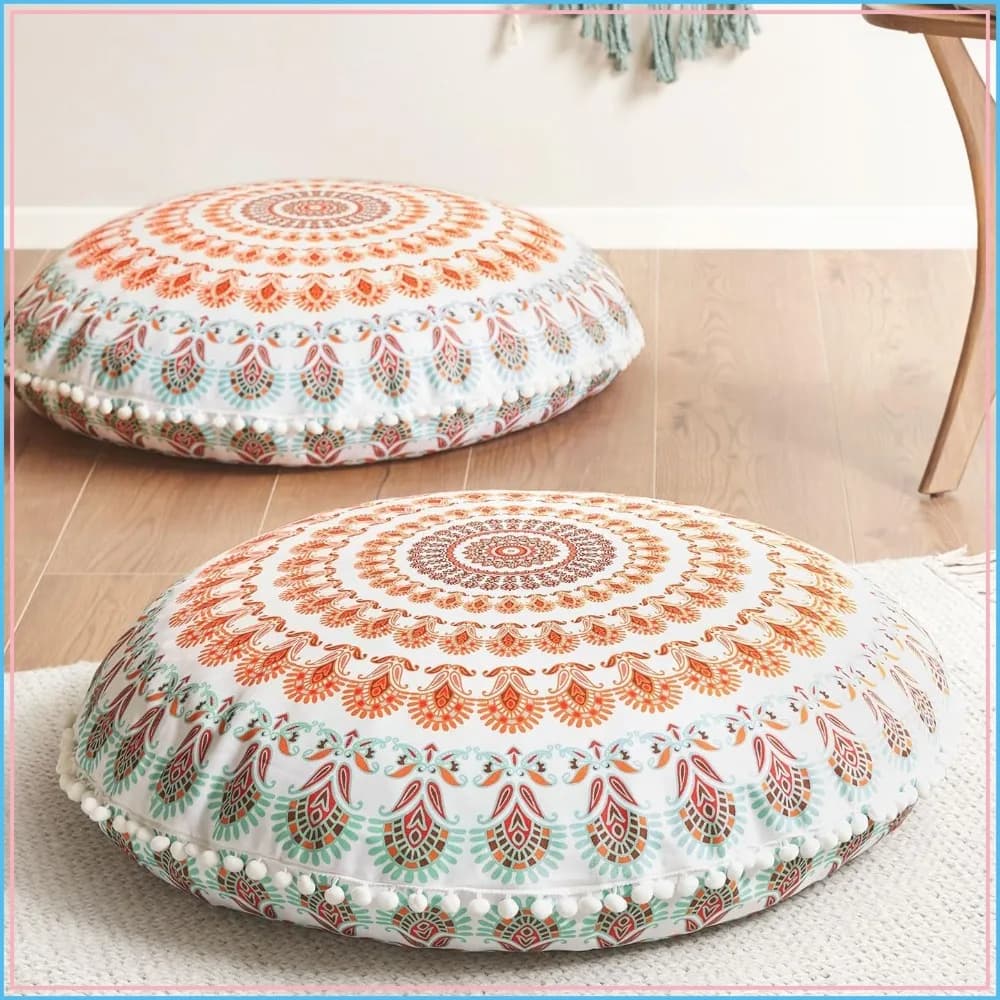Set of 2 Large Boho Floor Pillows 32 Inch, Memory Foam Meditation Cushions for Adults, Washable Mandala Seating for Yoga, Home Office, Dorm Room, Coral