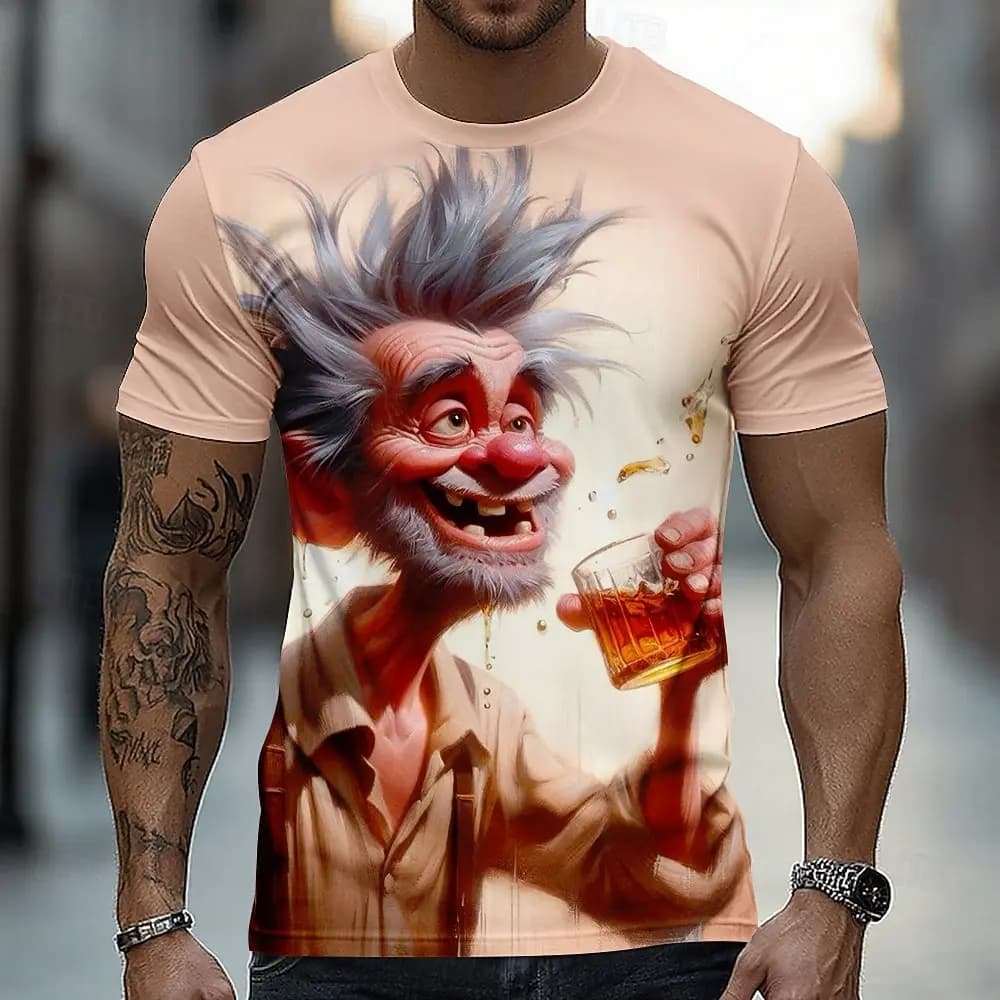 Men's Funny Whiskey Grandpa 3D Graphic T-Shirt Crew Neck Short Sleeve Crazy Drunk Old Man Cartoon Casual Tee for Spring & Summer