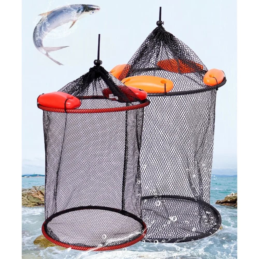 Rete da Pesca Galleggiante Portatile in Nylon Rinforzato con Palline Galleggianti Multiple, Cesto a Rete per Pesci e Gamberetti, Borsa Contenitore per la Pesca