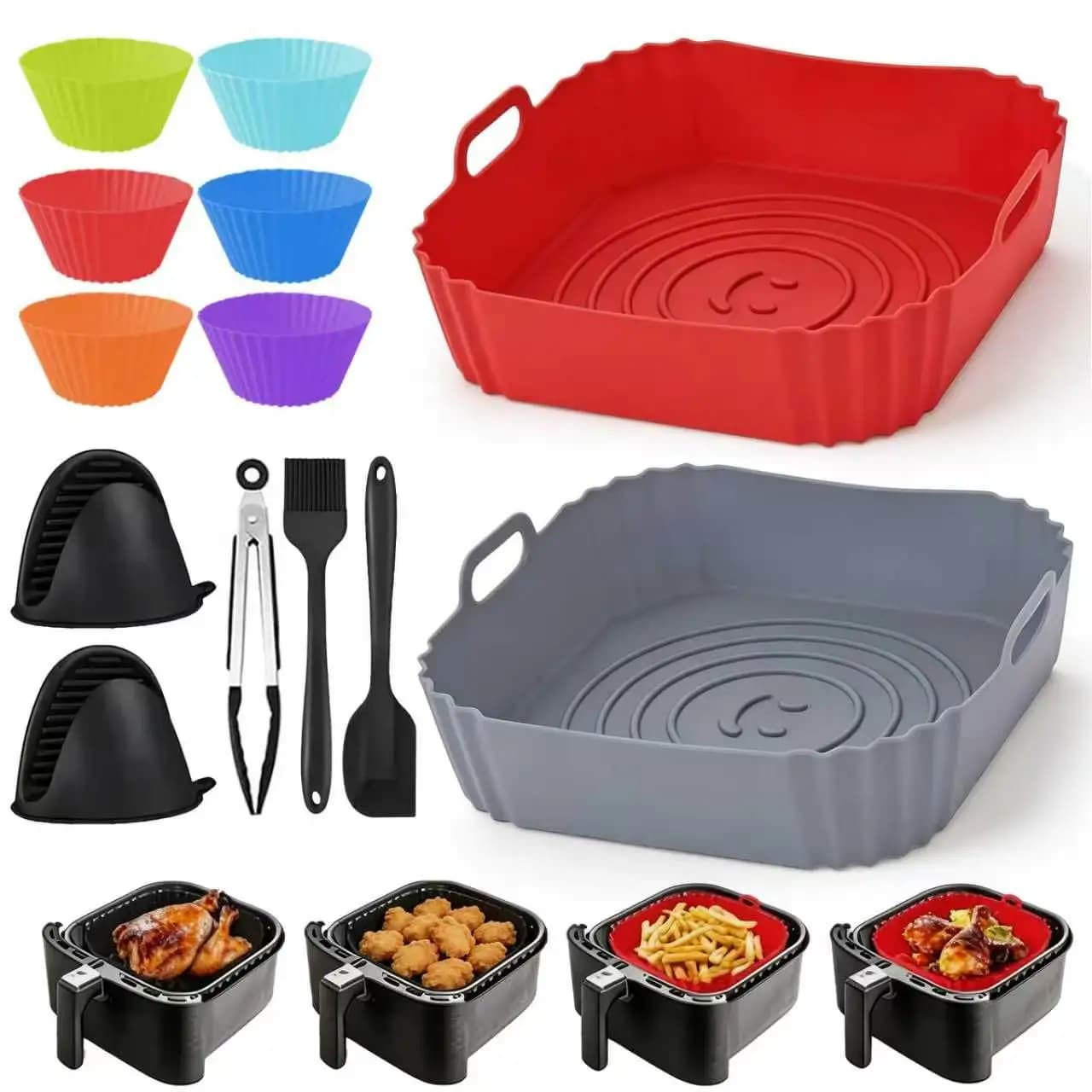 Set di 2 Cestelli Quadrati in Silicone Riutilizzabili per Friggitrice ad Aria, Teglie Antiaderenti per Forno e Friggitrice ad Aria, Set di Accessori da Cucina
