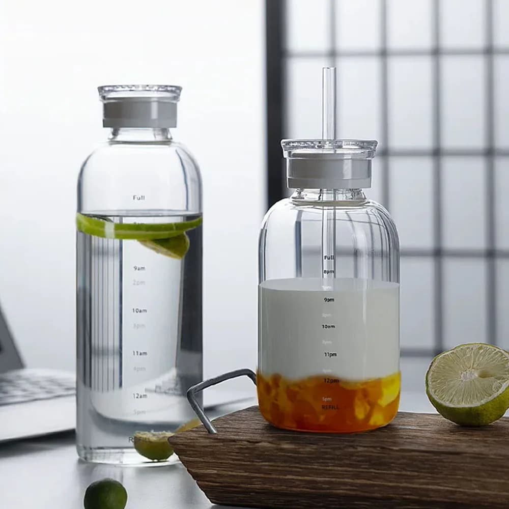 300/500/750ml Large Glass Water Bottle with Straw 2 Lids Clear Kawaii Drinking Bottle Leakproof Iced Coffee Cup for Woman Girl