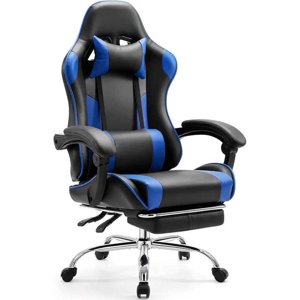 Sedia da gaming ergonomica in pelle PU con poggiapiedi, supporto lombare, girevole e braccioli regolabili, blu