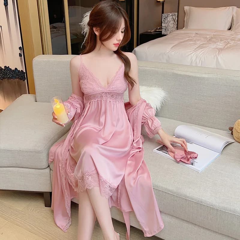 Vestaglie Set per le donne Sposa setosa Matrimonio Kimono Accappatoio Abito Sexy Patchwork di pizzo Lingerie Scollo a V Camicia da notte Indumenti da notte Pigiama