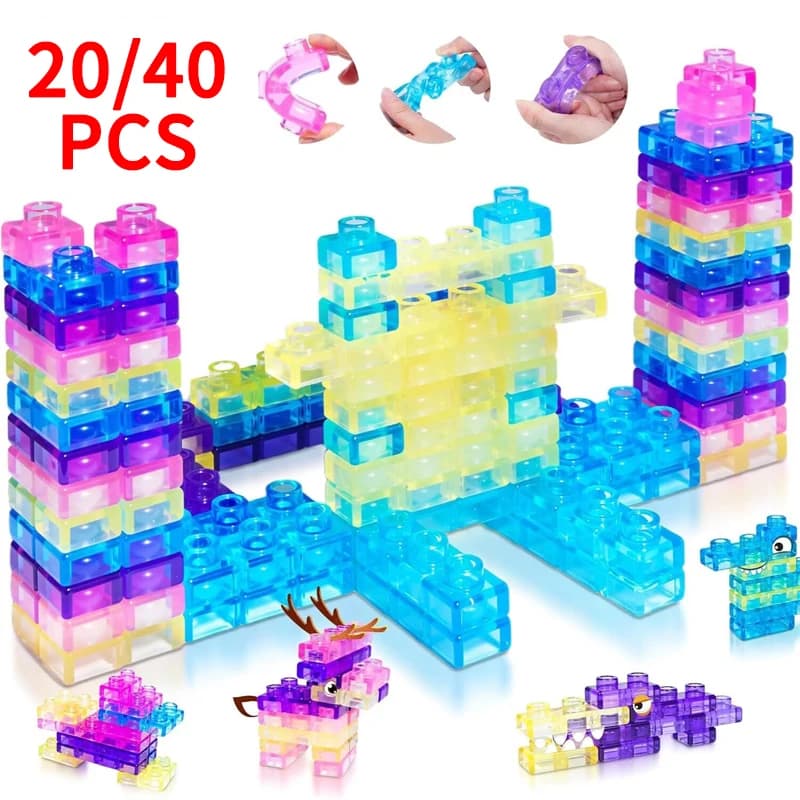 20/40 Pcs Candy Color Jelly Soft Building Blocks Color Shape Matching Educational Toy Stackable TPE Sensory Bricks Gift for Kids