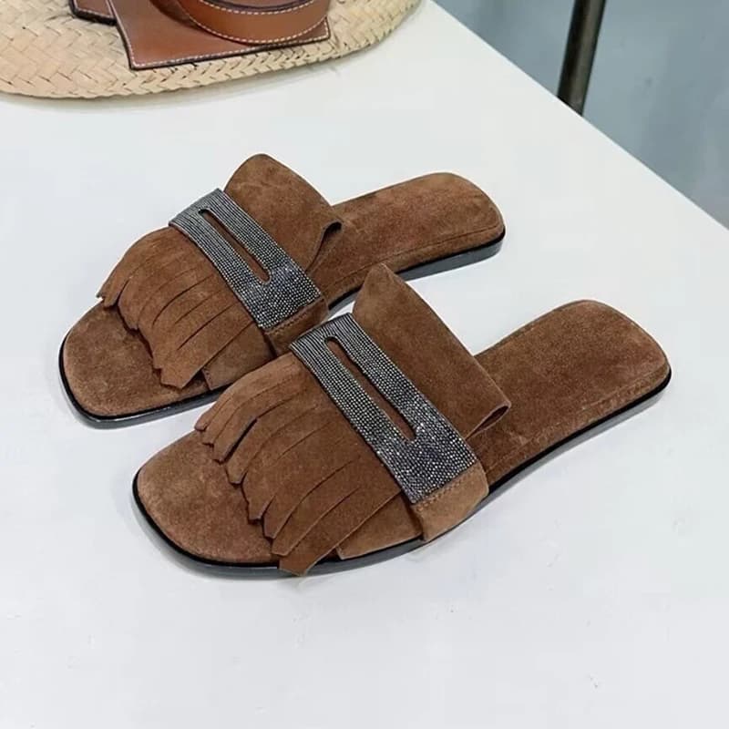 Metal String Bead Decor Kid Suede Tassels Flat Bottom Slippers Women Open Toe Lazy Sandals Ladies Summer Outdoor Vacation Shoes