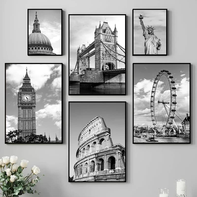 (No frame)1pcsBlack and White London Tower Bridge Rome New York Poster Prints Canvas Painting Wall Art Picture for Living Roo