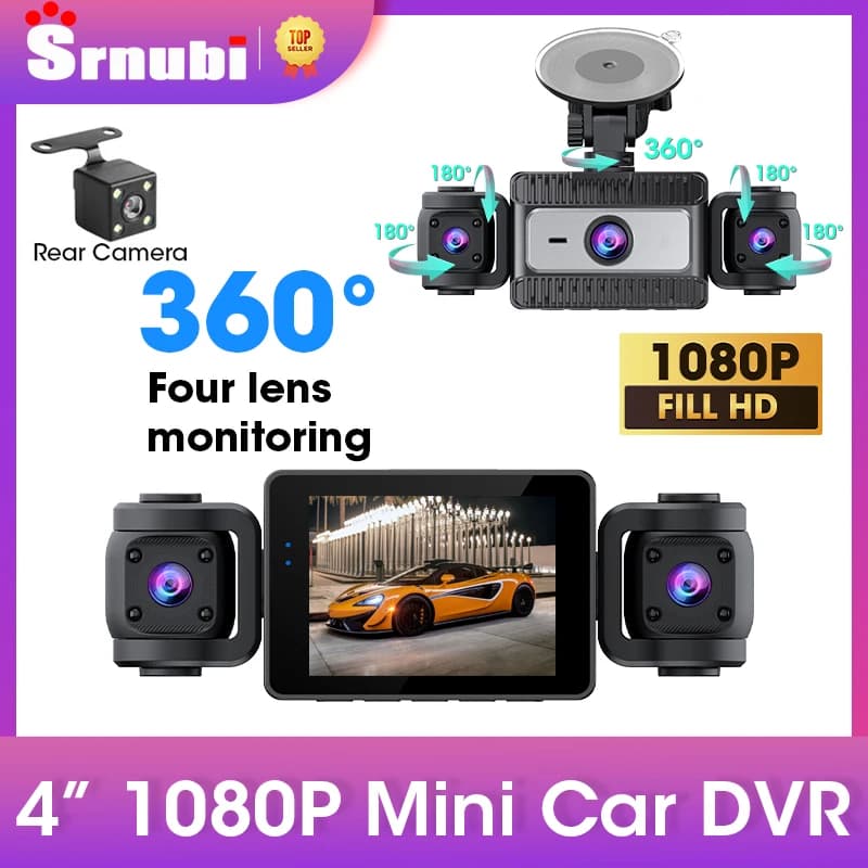 Srnubi 4 "Mini 1080P DVR per auto Dash cam a 4 canali Telecamera interna anteriore e posteriore Videoregistratore con telecomando WiFi 360 ° Rotazione
