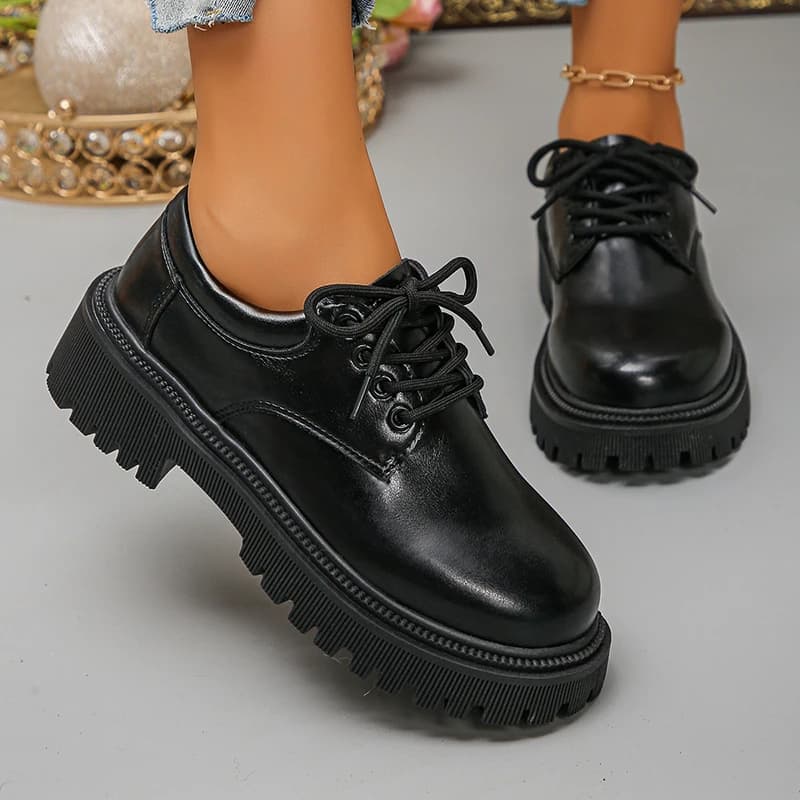 Scarpe Oxford con plateau da donna Moda Scarpe da lavoro da ufficio stringate in pelle PU nera Donna Punta tonda Mocassini eleganti con tacco grosso 2025