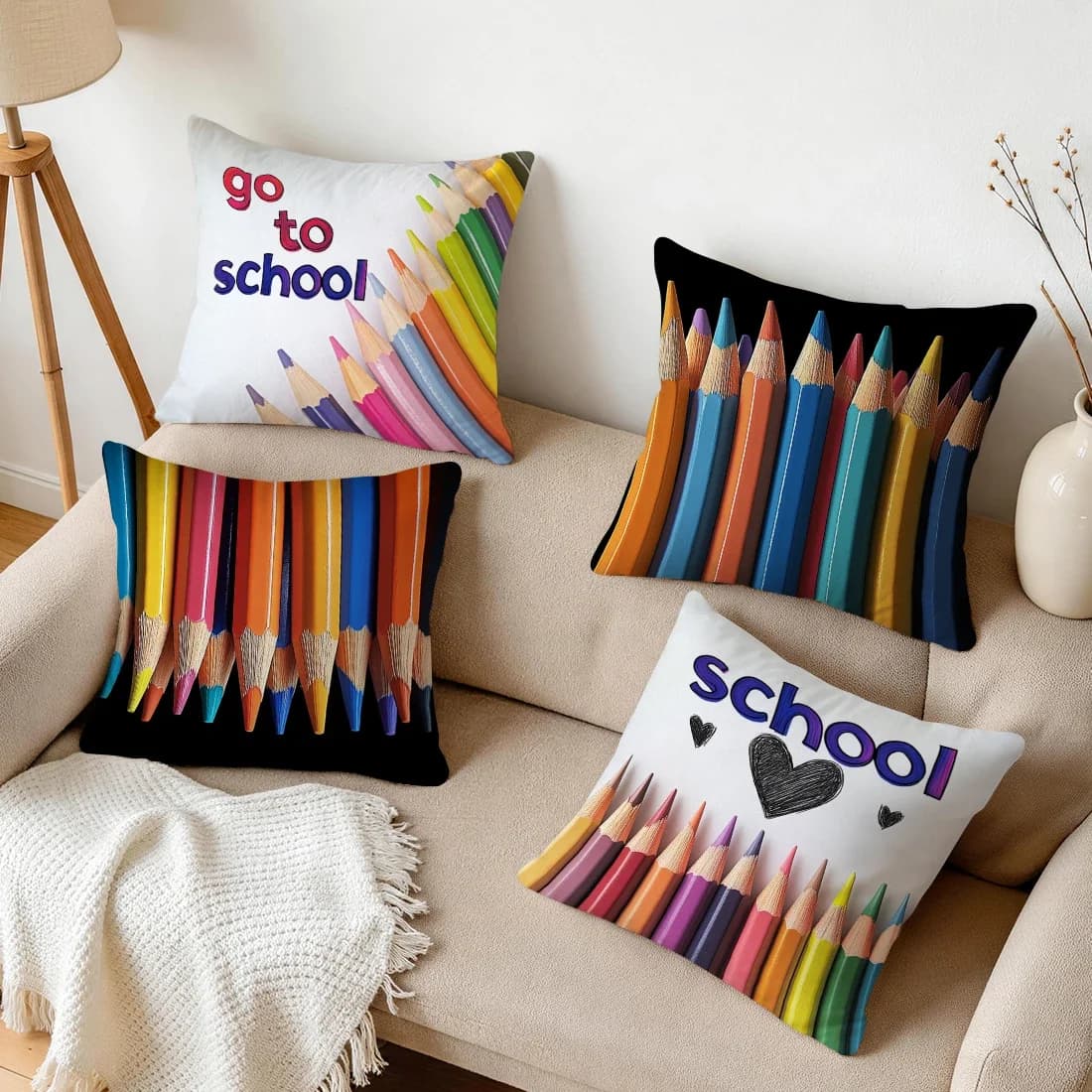 1 pezzo di fodera per cuscino stampata su un solo lato con tema matita colorata per il rientro a scuola, per la decorazione domestica