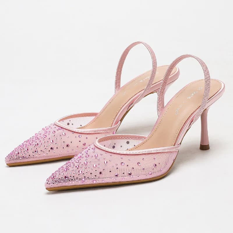 Women shoes with rhinestone heel Women's shoes with glossy mesh slippers Breathable toe toe shoes Elegant wedding shoes with high heel woman