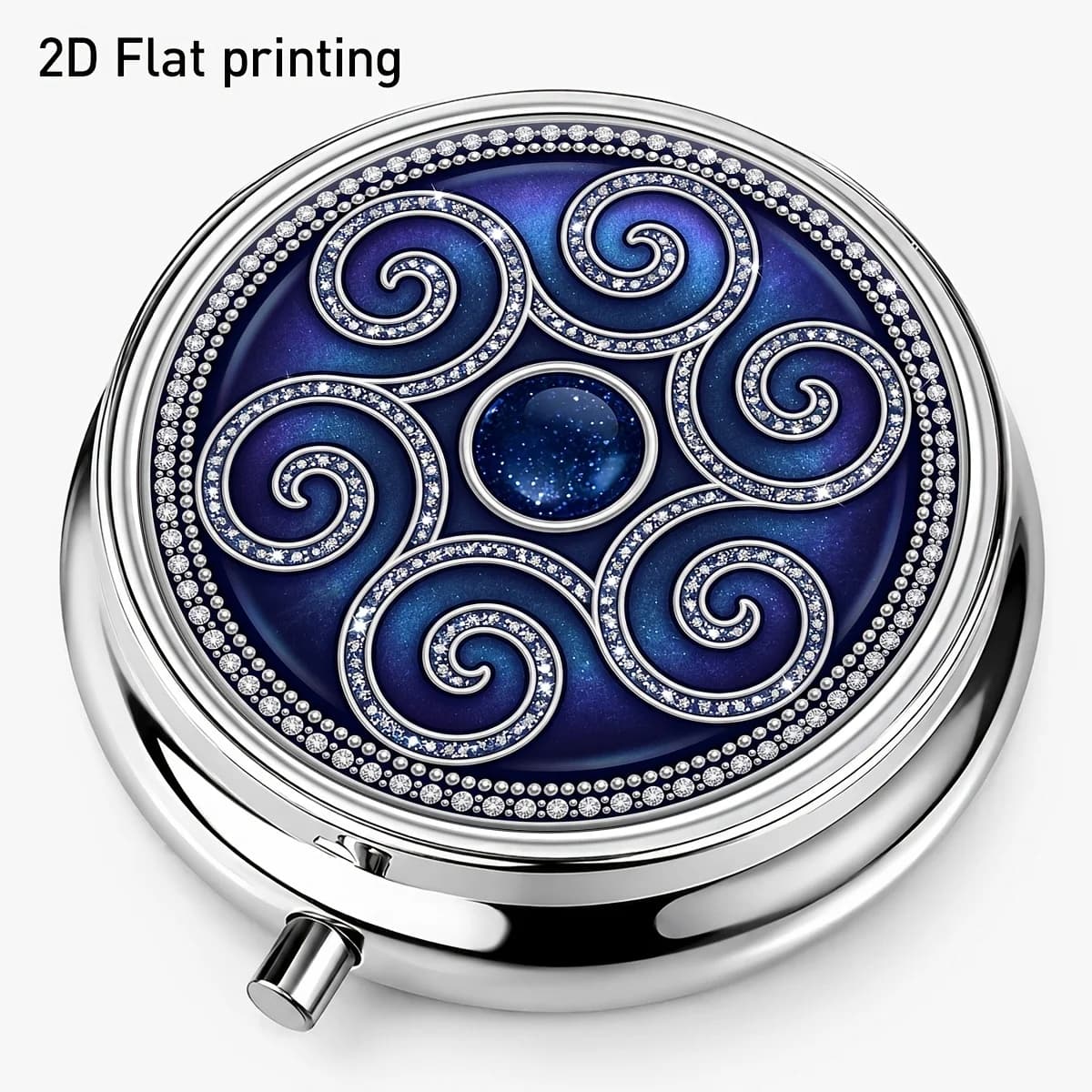 Single pack, flat print, circular metal box with swirl gemstone pattern, elegant gemstone style, three-compartment portable storage box, sized container for small items, supplements, medicines, and vitamins, with