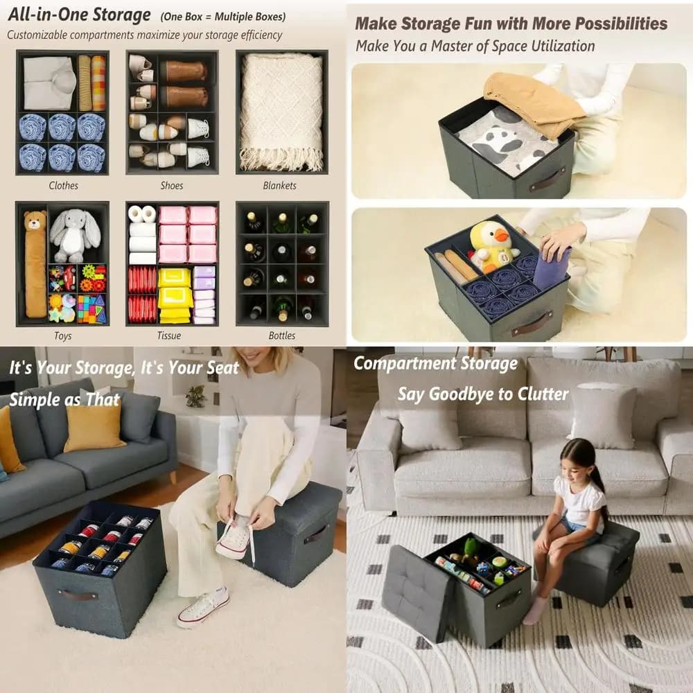 Pouf portaoggetti pieghevole in 2 pezzi con divisori regolabili: organizer per scarpe e scatola portaoggetti multiuso per scarpe, vestiti, giocattoli
