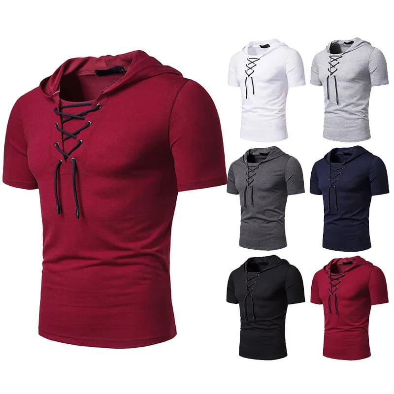 Short Sleeve T-Shirt Muscle Fit Fitness Suit Drawstring Half Sleeve Hoodie Summer Youth Fashion Big Size Red Color Tight Clot...