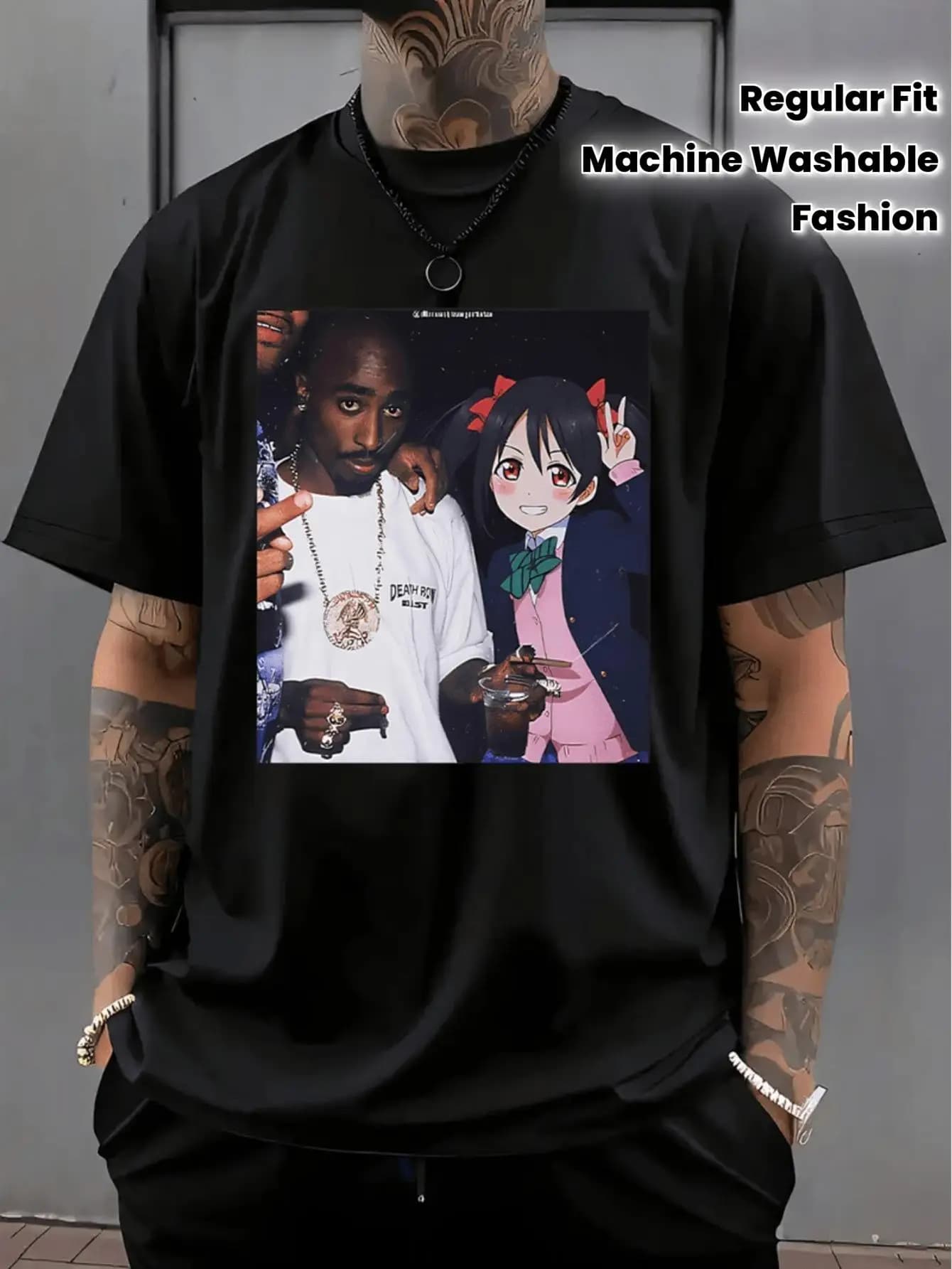 T-shirt da uomo Tupac & Manga - Grigio chiaro Hip-Hop/Anime, maglietta streetwear pop culture
