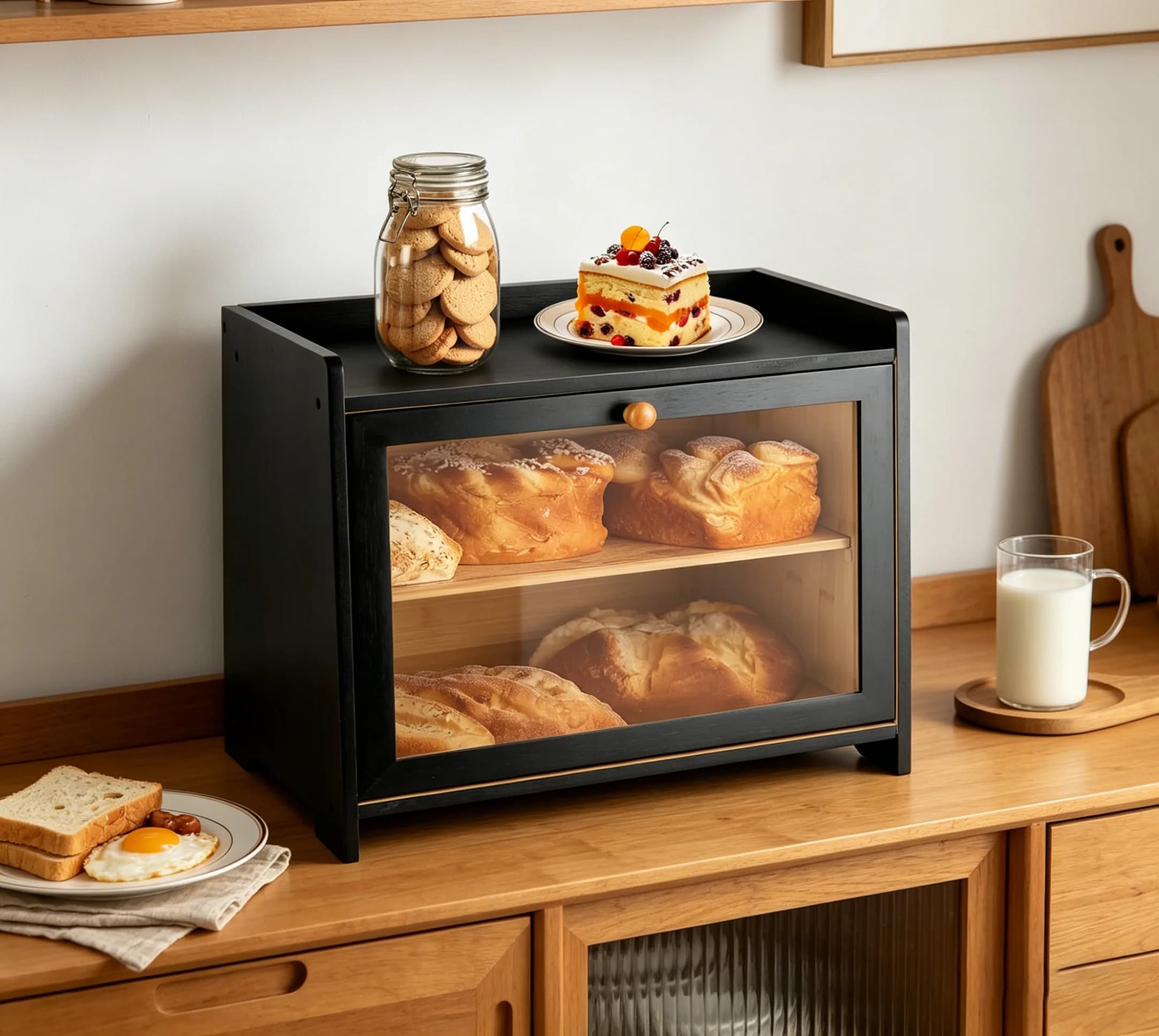 2 Layer Large Capacity Bamboo Bread Box with Tempered glass Window, Farmhouse Kitchen Countertop Storage Container for Bread, Toast, Pastries