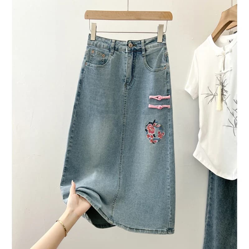 Nuova Gonna Asimmetrica in Denim Ricamato Stile Cinese, Gonna Midi a Vita Alta da Donna, Design Sottile con Spacco, alla Moda