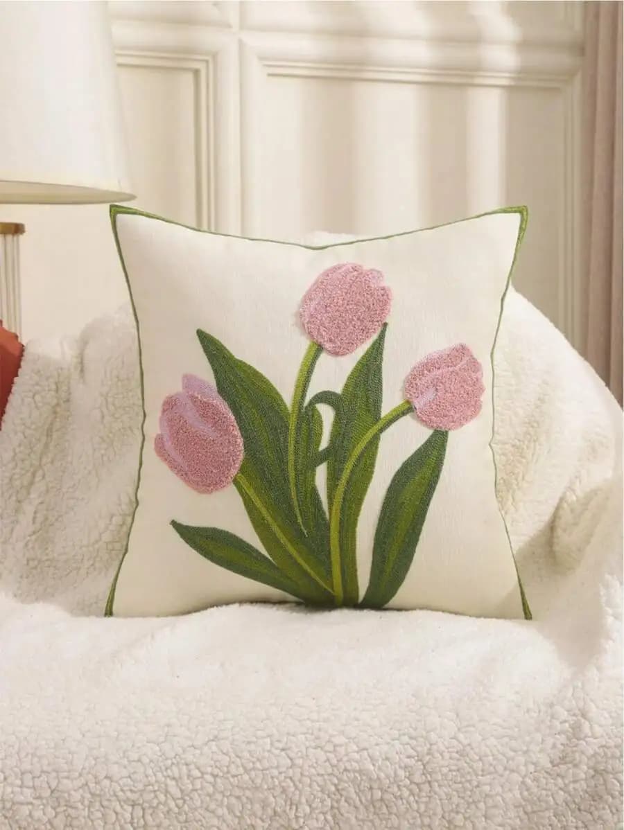 Floral Embroidered Tulip Pillow Cover Decorative Pillow Sham Home Living Room Bedroom Sofa Decoration