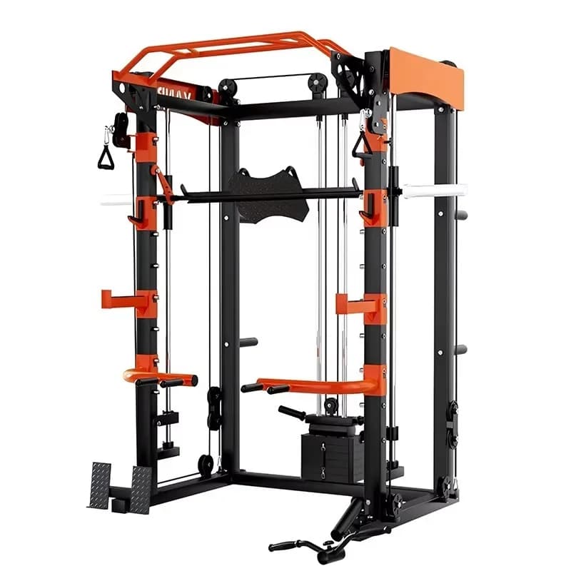 Rack per Squat e Power Rack Multifunzione per Home Gym, con Smith Machine, Panca per Bench Press, Inclinatore per Pesi, Barra per Trazioni e Barre per Squat