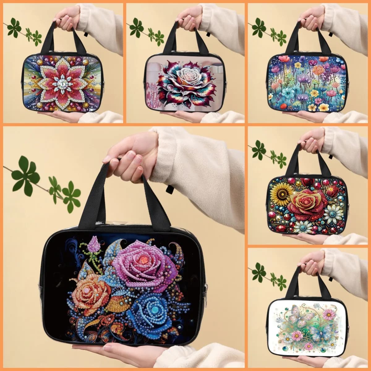 1 set di pittura con diamanti fai-da-te, una borsa per cosmetici in PVC con motivi floreali, adatto per le donne che trasportano durante uscire