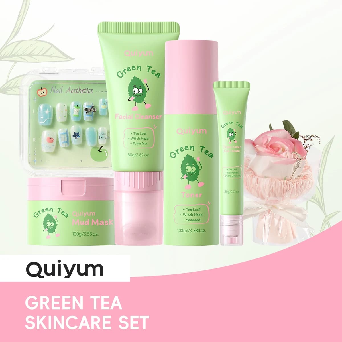 QUIYUM Green Tea Oil Control Skincare Gift Set, Cleanser Toner Mud Mask Eye Cream With Soap Flower False Nails Facial Spa Kit