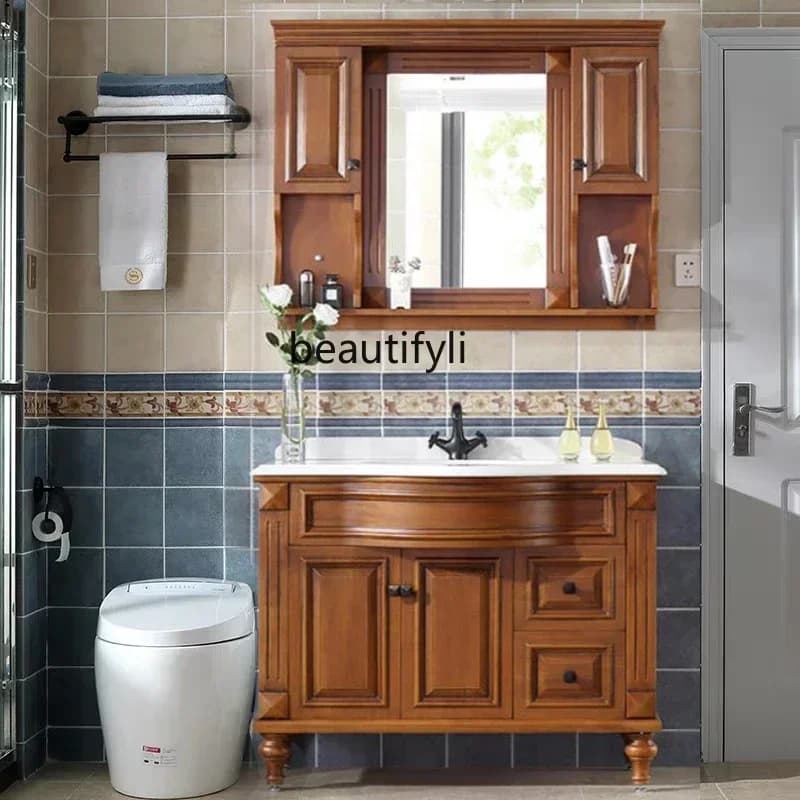 SS03A Mobile da bagno in rovere americano, mobile a specchio intelligente, lavabo in marmo curvo dal pavimento al soffitto in legno massello