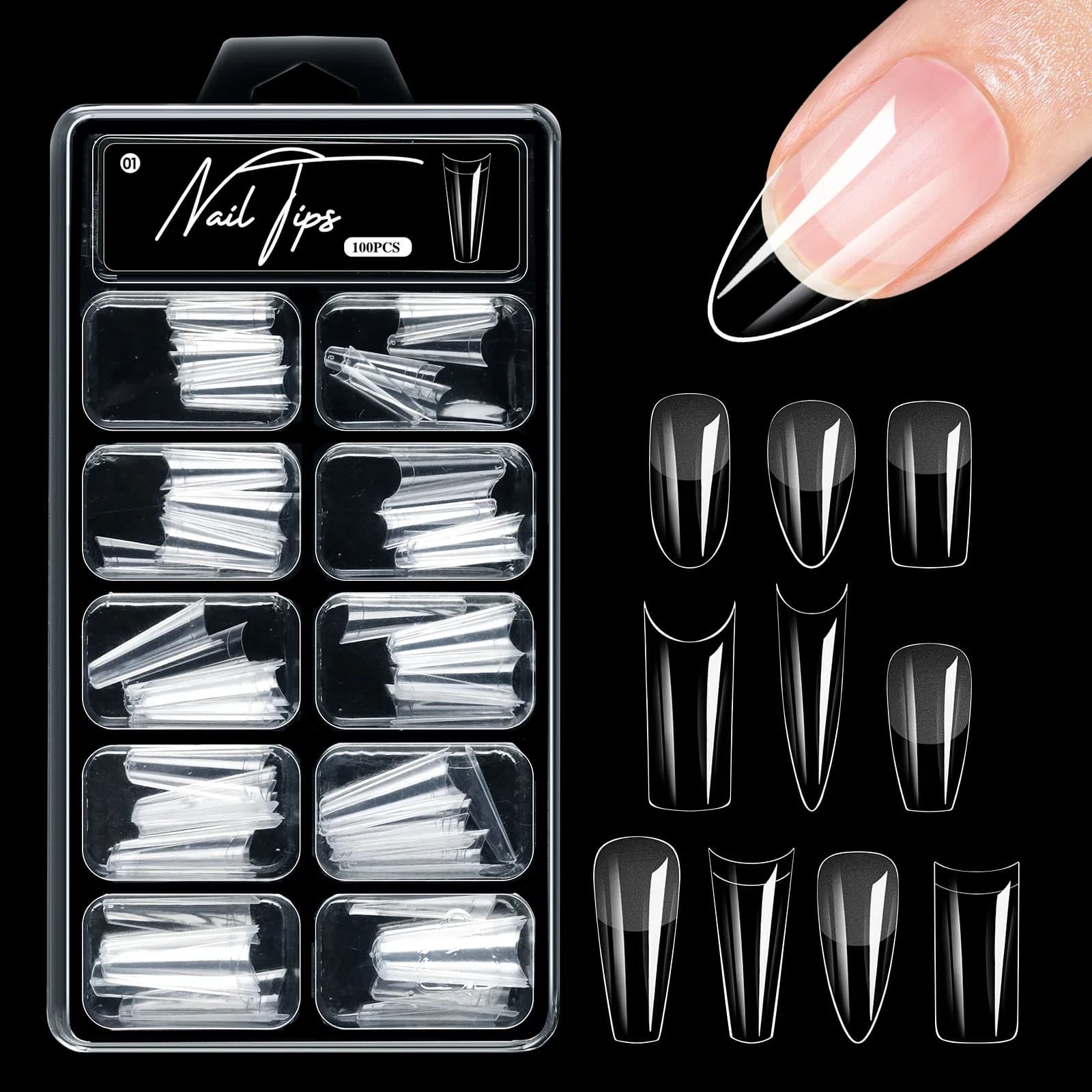100 transparent fake nail stickers without trace squares of almond, complete cover, acrylic for pressed nails, suitable for the extension of the art of nails